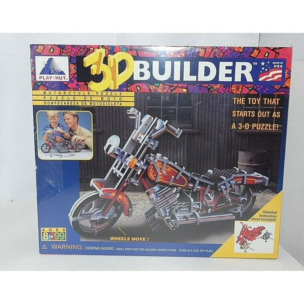 Play Hut 3:D Builder Motorcycle Puzzle Toy Wheels Move 117 Pcs Vintage 1996 New